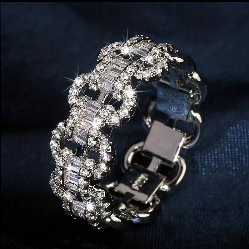 Fashion Cubic Zircon Women Chunky  Hollow Out Chain Ring Sz 8